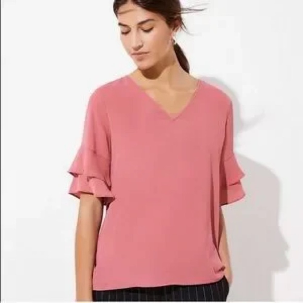 LOFT Sheer Blush Ruffle Sleeve Blouse